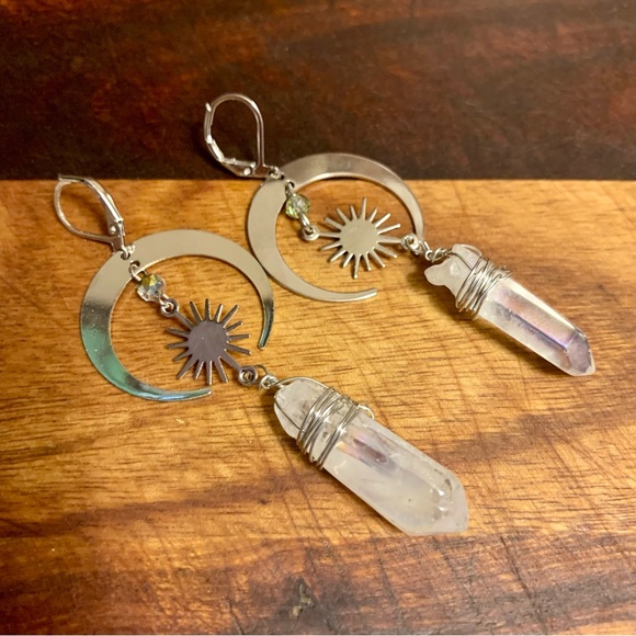 Celestial Aura Quartz Women Moon and Stars Earrings - Picture 2 of 4